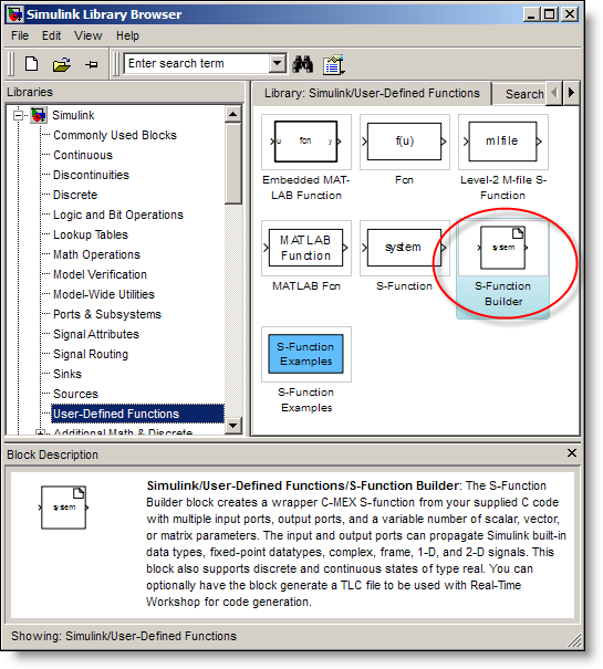 The Simulink S-function Builder Block in the library browser