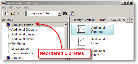 Reordered libraries in the Simulink library browser