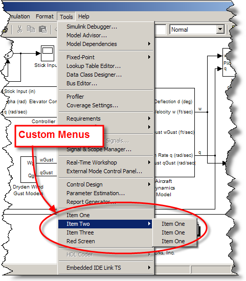 Custom menus added to Simulink