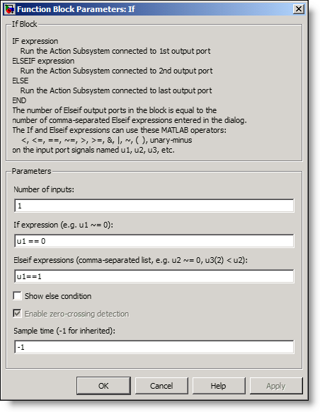 The Simulink If Block parameters.