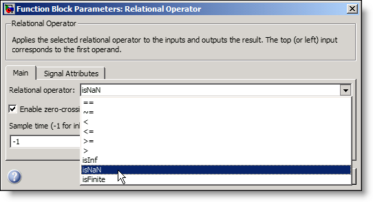 The parameters for the relational operator block in Simulink R2009b