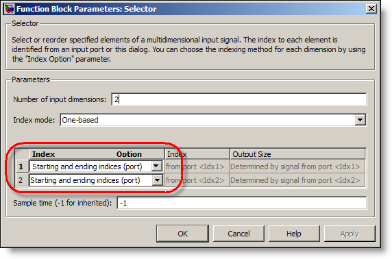 Selector block parameters