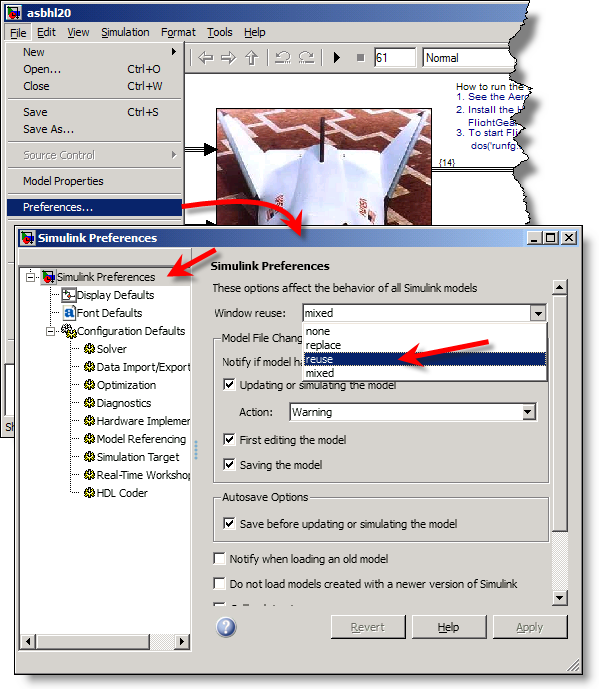 Simulink Preferences control window reuse.