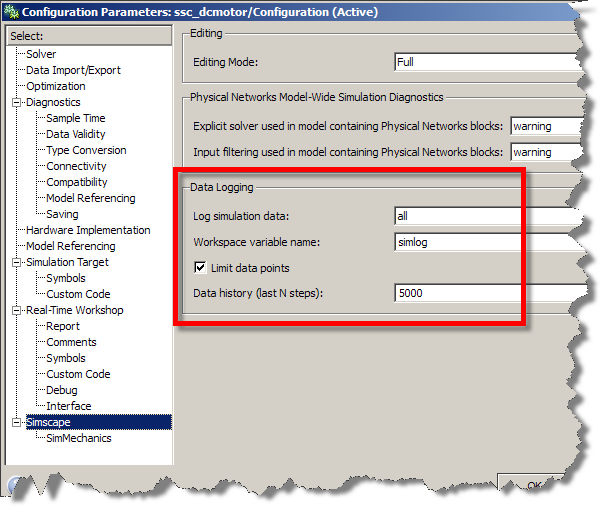 Enabling the data logging from the Simulink Configuration Parameters dialog
