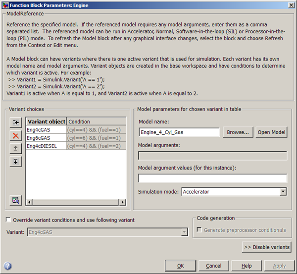 Model Reference Block Dialog with Variants enabled.