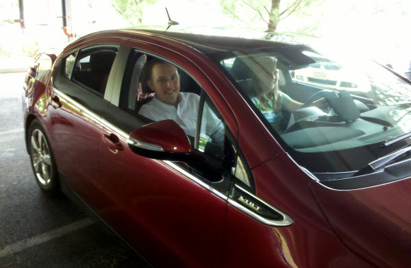 Seth and Judy trying out the Chevy Volt