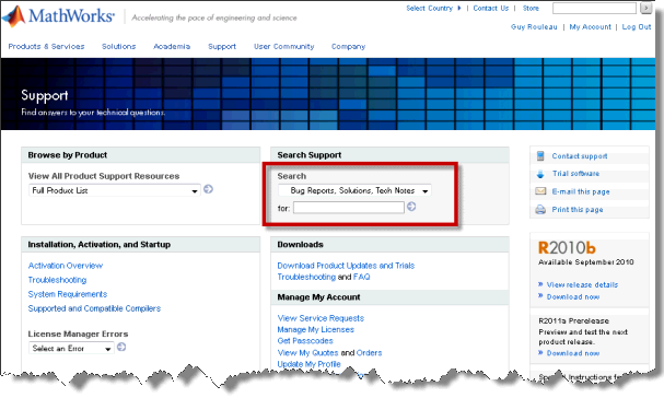 Support section of MathWorks website