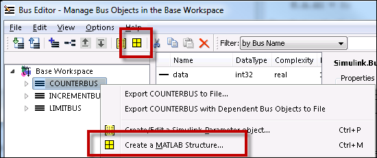 Creating a MATLAB Structure from the Bus Editor