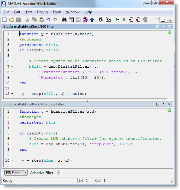 Adaptive LMS filter implemented using System objects in MATLAB Function Block