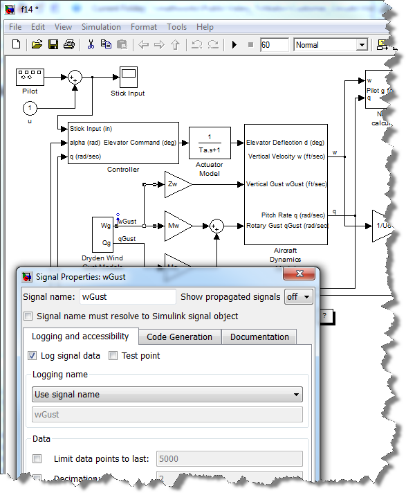 Enabling Signal Logging from the Signal Properties dialog