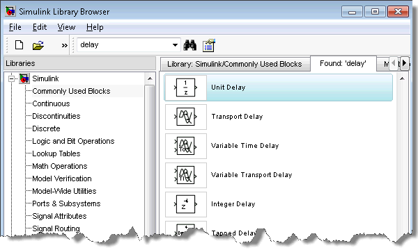 Searching for delays in the Simulink Library Browser