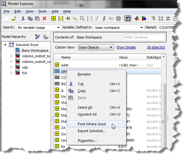 Finding variables form the Model Explorer