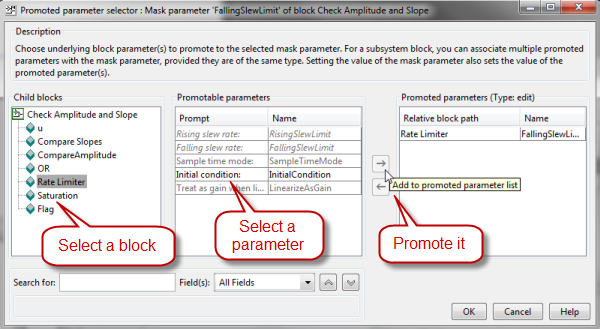 Promoted parameter selector dialog box