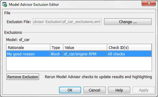 Model Advisor Exclusion Editor