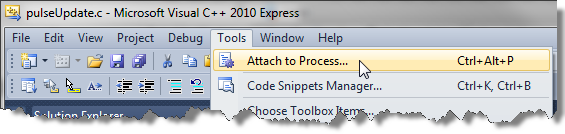 Attaching a process in Visual Studio.