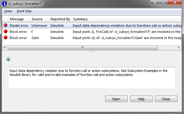 Input data dependency violation due to function-call or action susbsystems.  See Subsystem Examples in the Simulink library for valid and invalid examples of function-call and action subsystems.