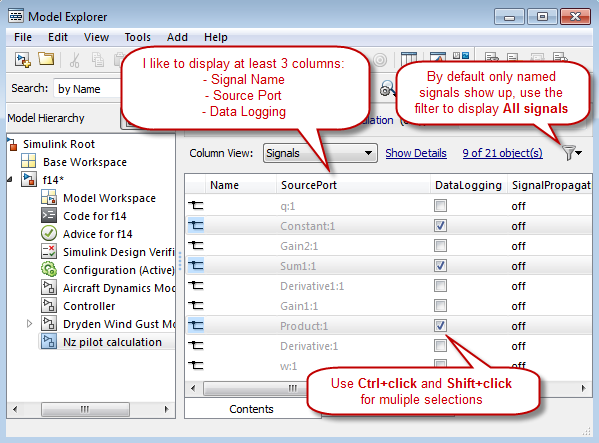 Configuring signals for logging using the model explorer