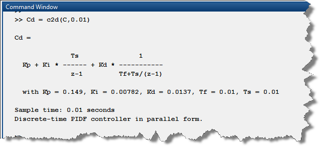 Discretizing the controller generated by pidtune