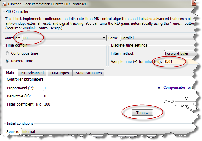 Dialog of the PID Controller block