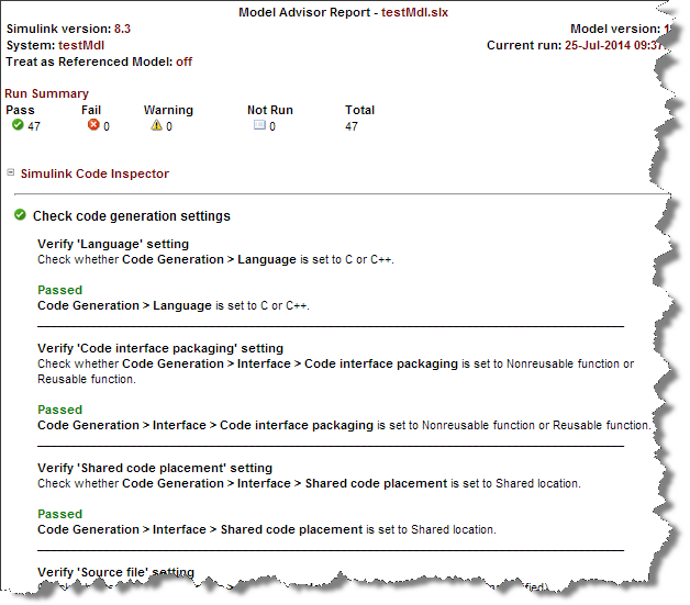 Code Inspector Model Advisor Report