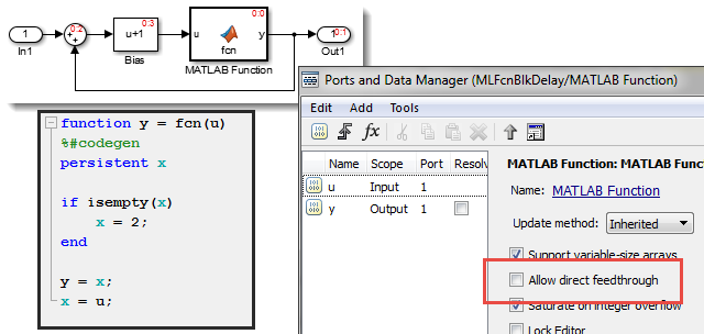 The MATLAB Function block can now be non-directfeedthrough