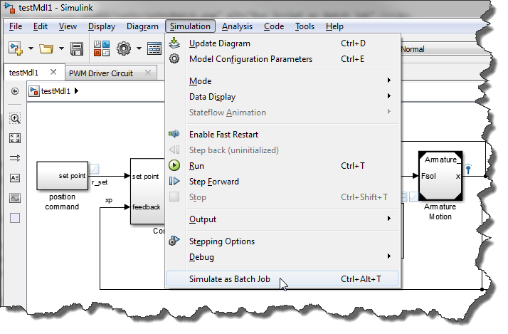 Simulink as Batch Job menu