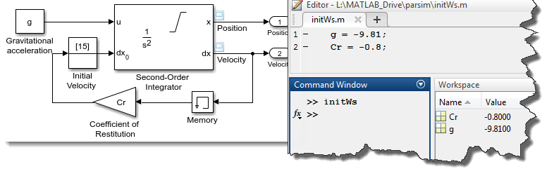 Bouncing ball Model with workspace variables