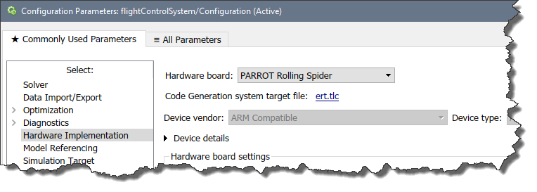 Configure the model for Parrot drone