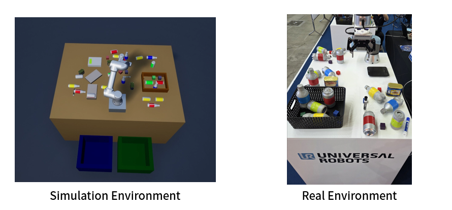 Side-by-side views of the virtual manipulation workspace and the physical UR5e competition setup.